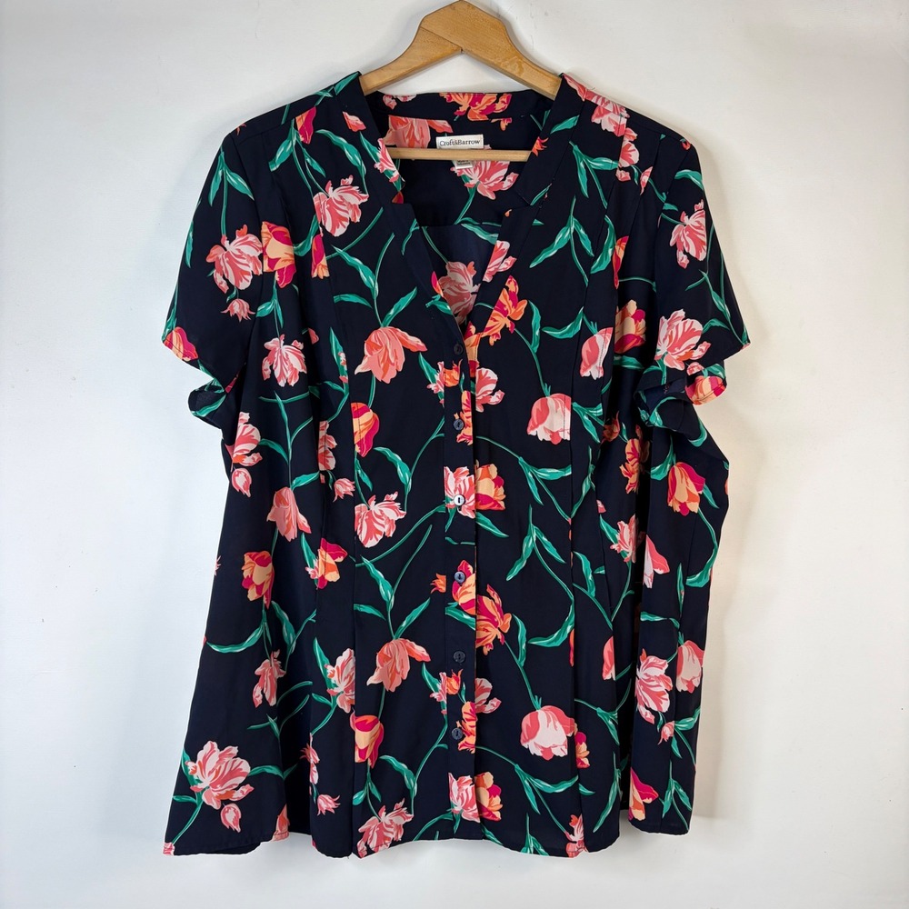 Croft & Barrow Button Down Shirt Women 2X Navy Floral Short Sleeve Blouse
